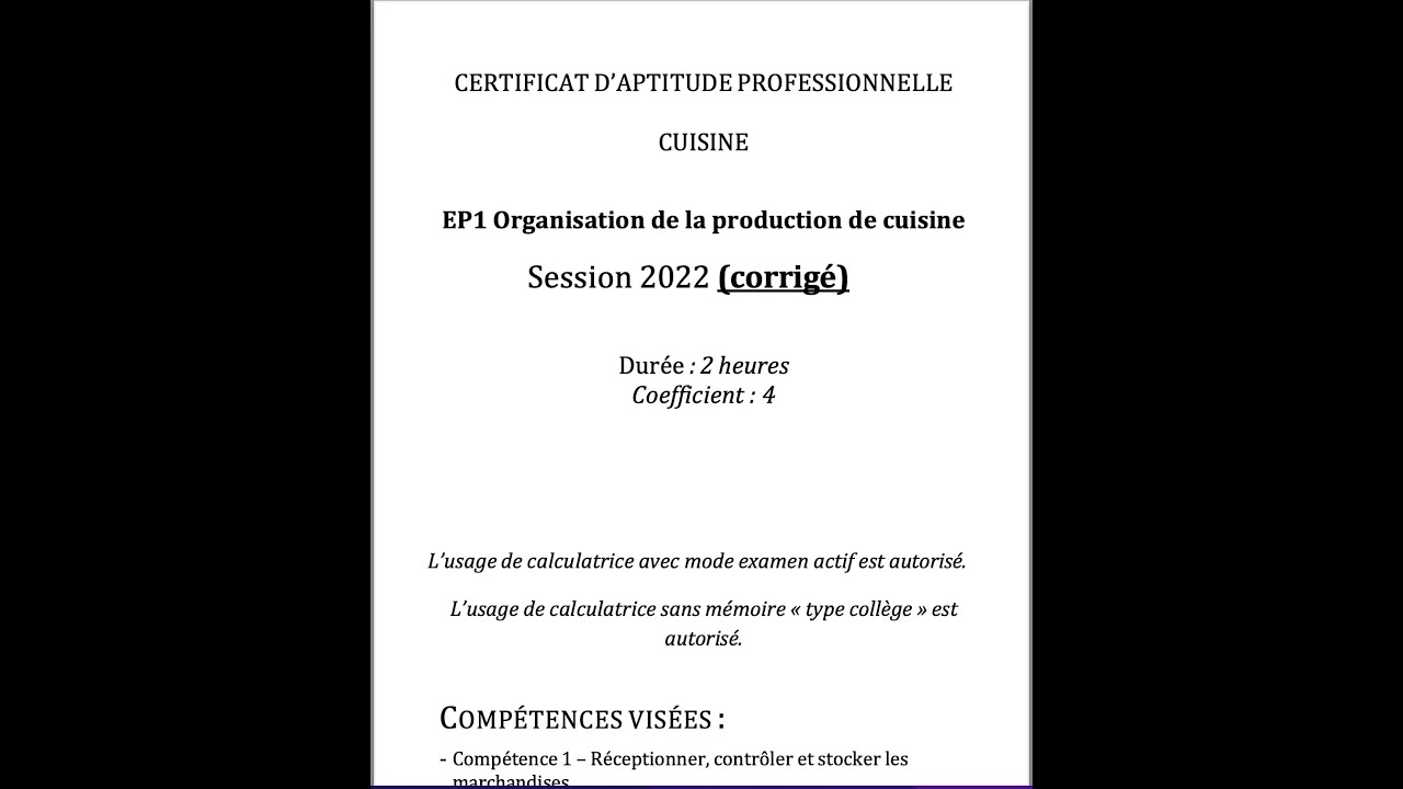 Corrig&eacute; EP1 2022 CAP cuisine. Organisation de la production culinaire
