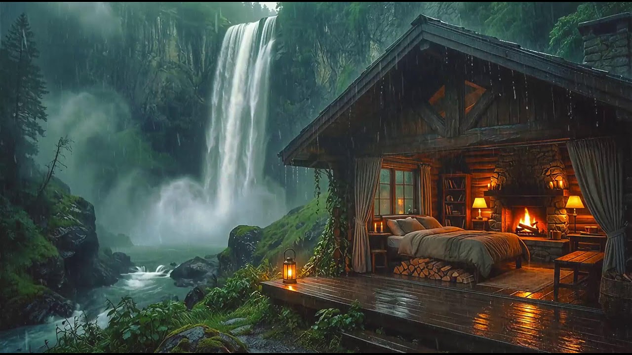 Relaxing:   Crackling Fire & Waterfall Sounds   Study & Deep Focus
