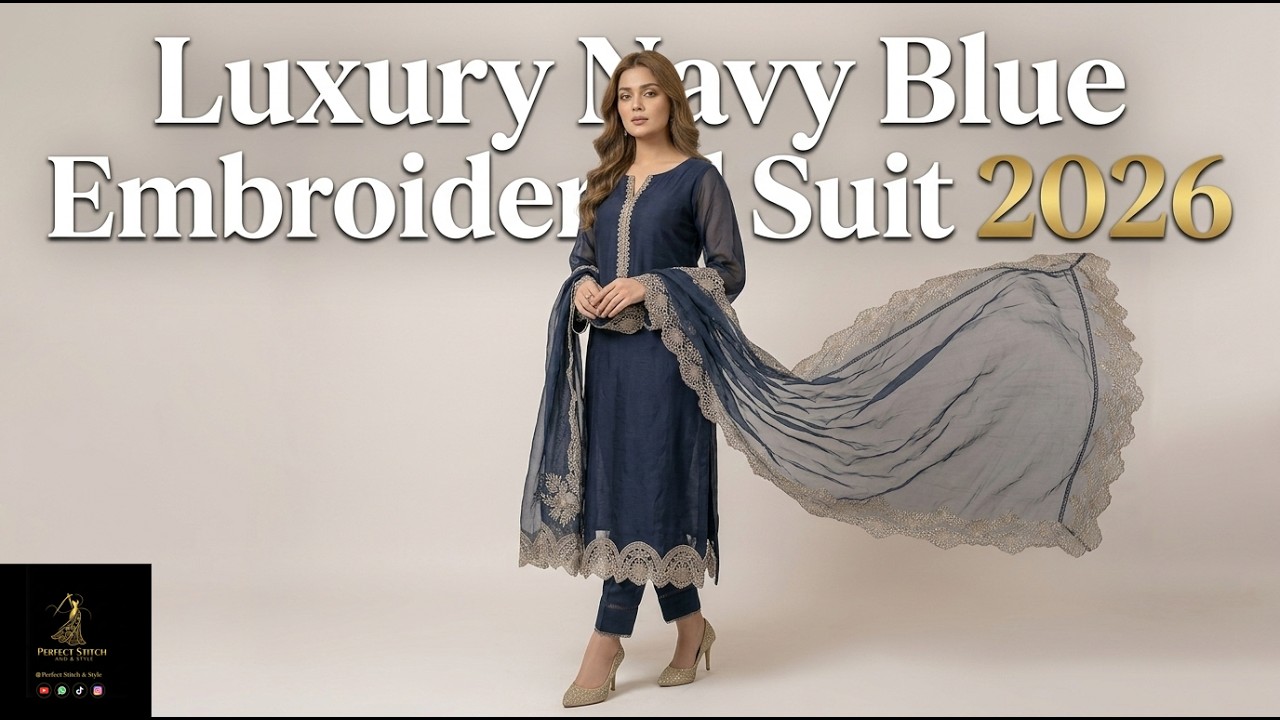 Elegant Navy Blue Embroidered Organza Suit | Luxury Pakistani Designer Dress  | Stitching Available