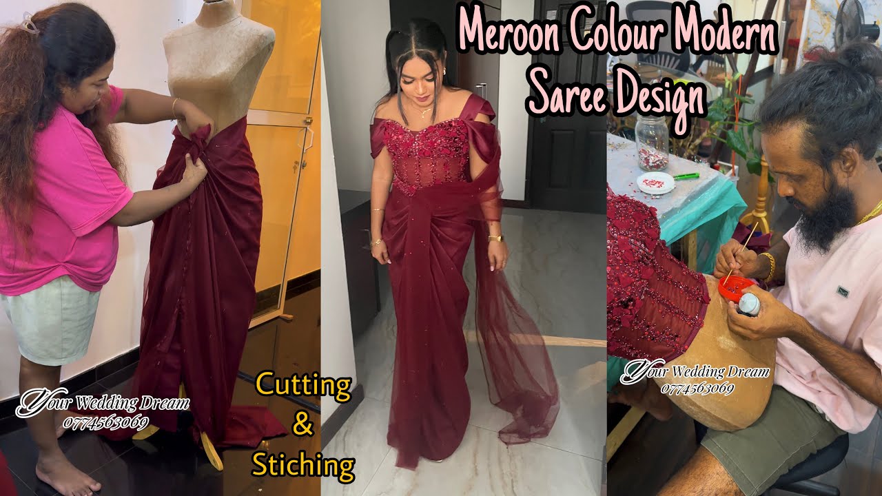 How to Cut & Sew Meroon Colour Modern Saree 