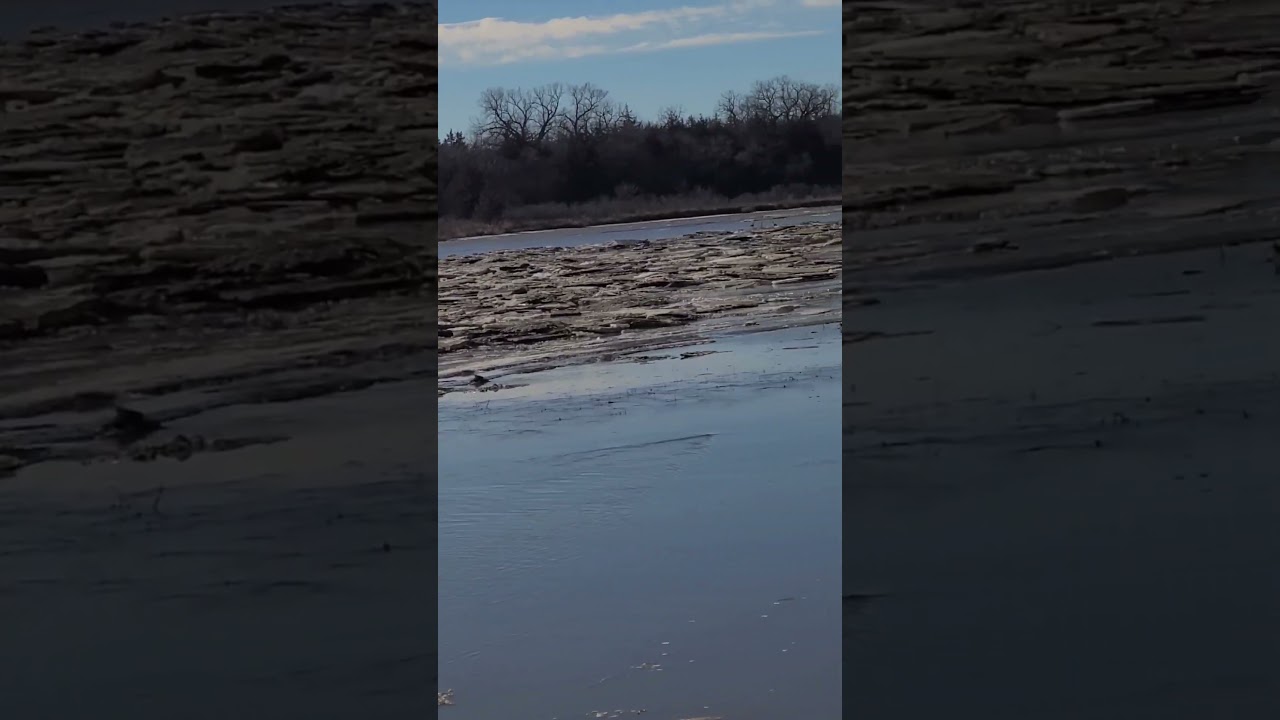 ice jam in river with fast flowing water #river #icejam #ice #flooding
