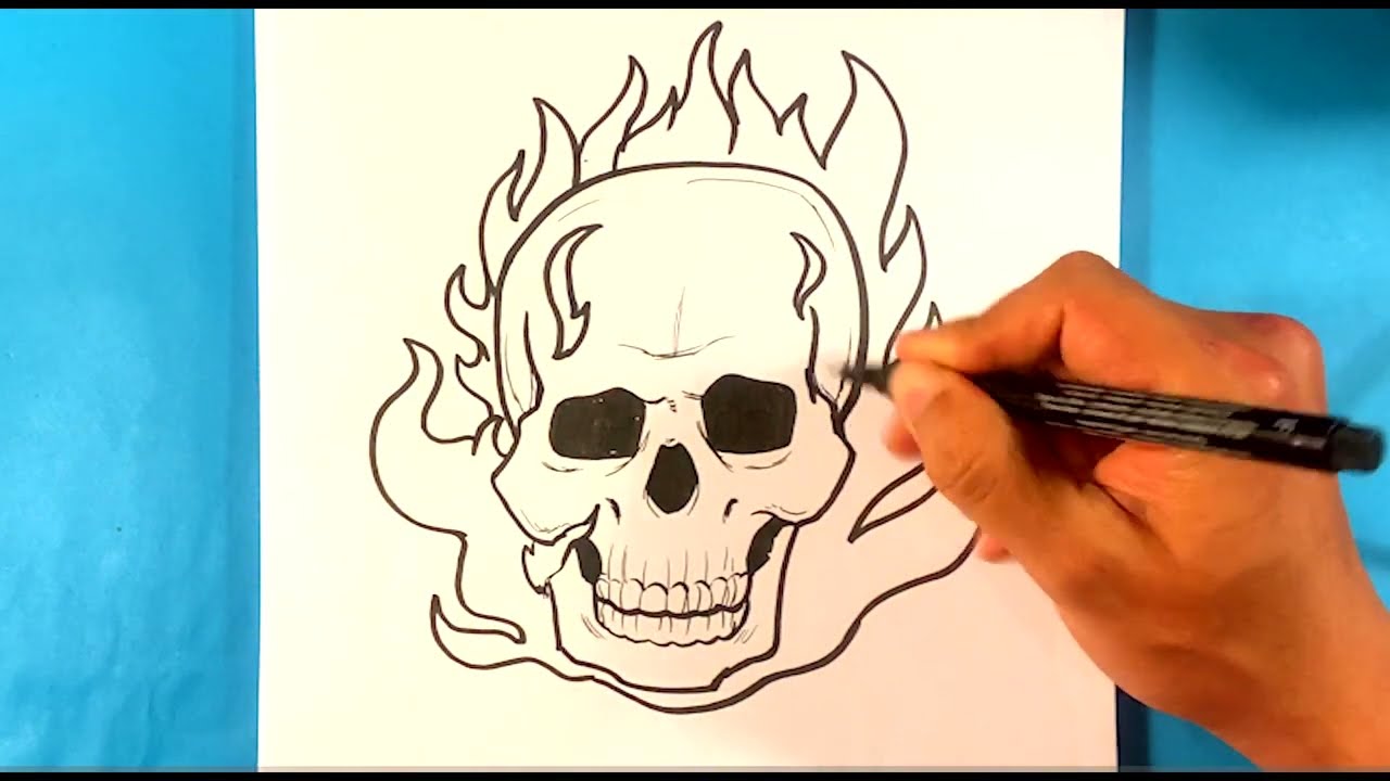 How to Draw AMAZING Skull on Fire Drawing - Draw Tattoo Art - Drawing Step by Step for Beginners