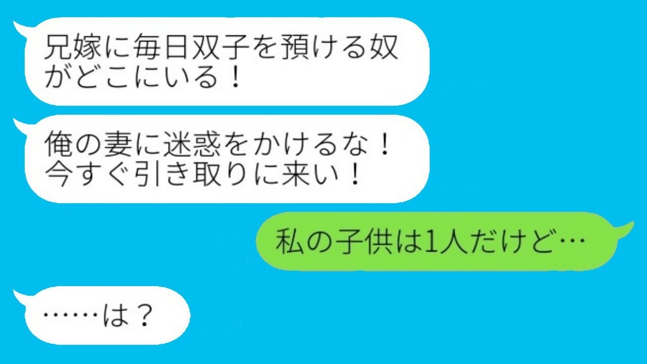 出張中の私に兄から唐突に激怒の連絡があり、「兄の妻に毎日双子を預ける人がどこにいるんだ！」と言われました。私自身は子どもが1人だけなのに…。すると、兄夫婦が預かっている双子の親の正体が…