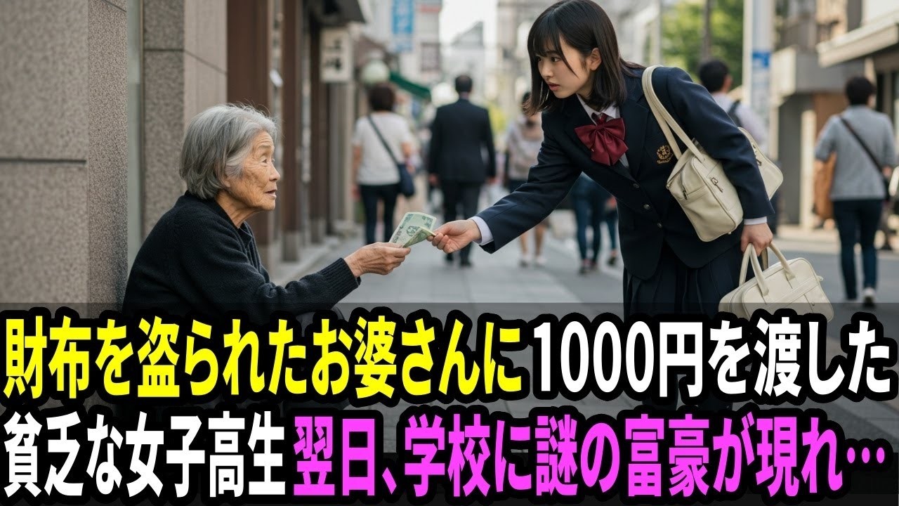 財布を盗まれたお婆さんに全財産1000円を渡した貧乏な女子高生。翌日、学校前に黒塗りの高級車が停まり…