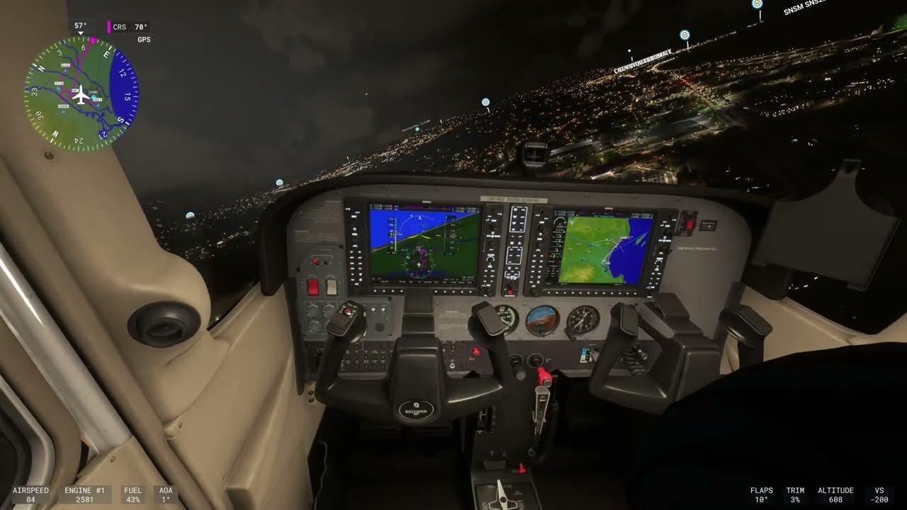 Lento Yöllä Cannes, Ranska, Cessna 172, MSFS24, Pilot Peku