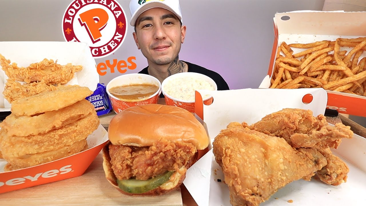 ASMR EATING Popeyes Fried Chicken Sandwich, Fried Chicken, Chicken Tenders, Onion Rings *No Talking*
