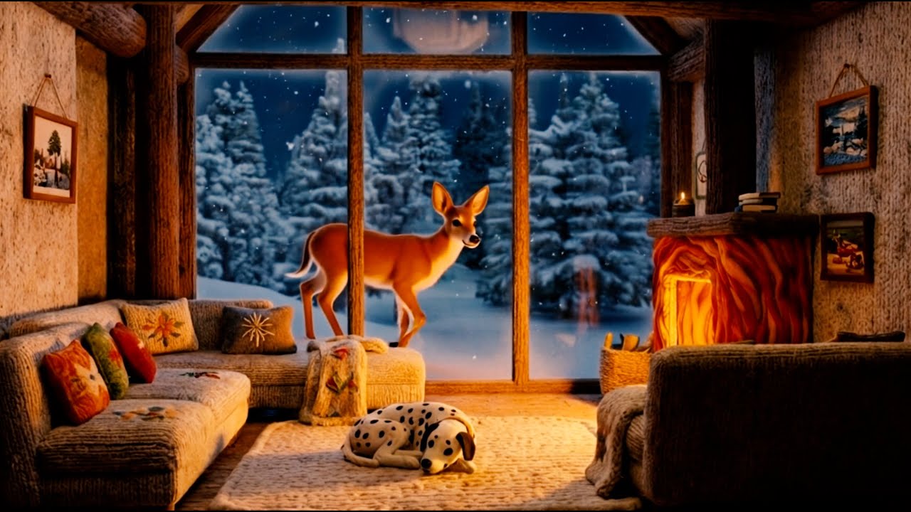 Cozy Knitted Room Ambience • Soft Fireplace & Gentle Snow [No Music]