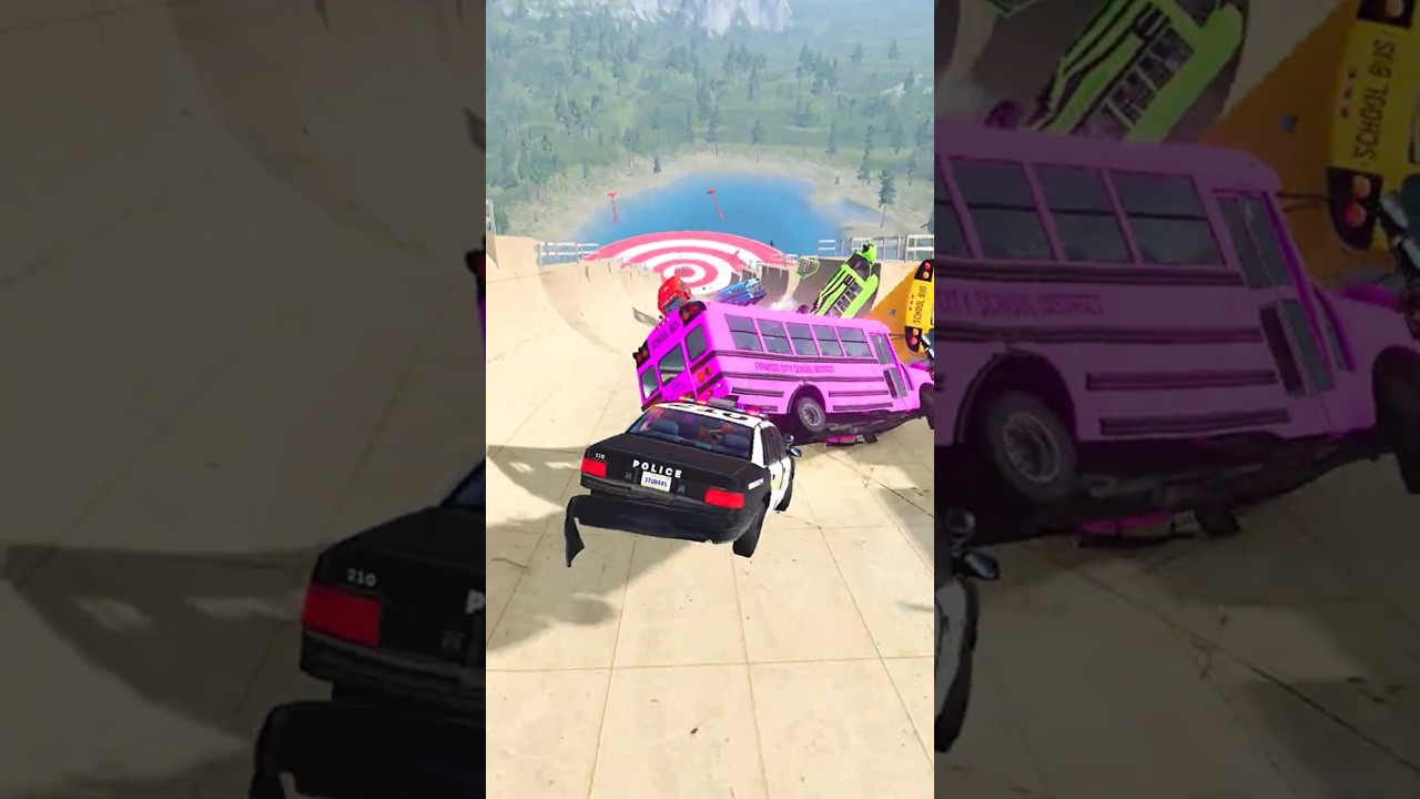 POLICE CAR vs SIX BUSES 🔥 Crash Ramp Race Cars Driving Game Racing Simulator Stunt Shorts Video