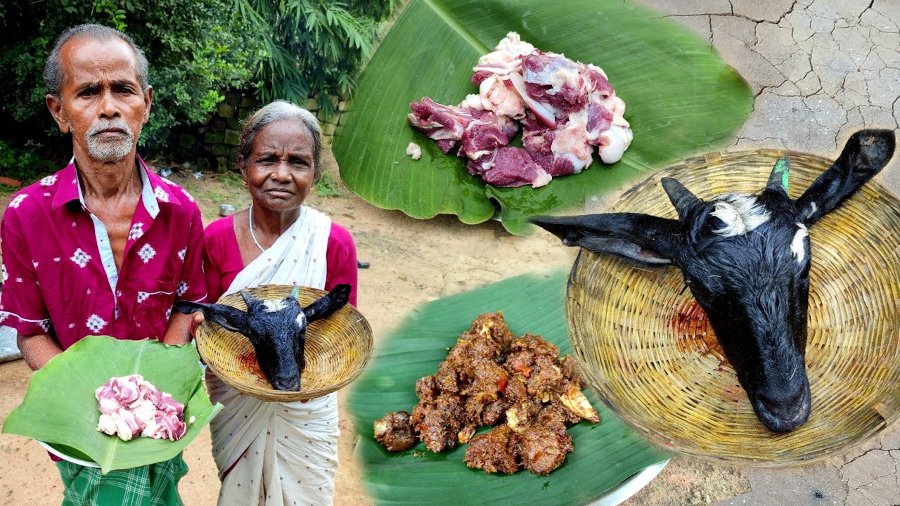 GOAT HEAD Recipe |Goat head curry Cooking & eating Village style | goat head meat recipe