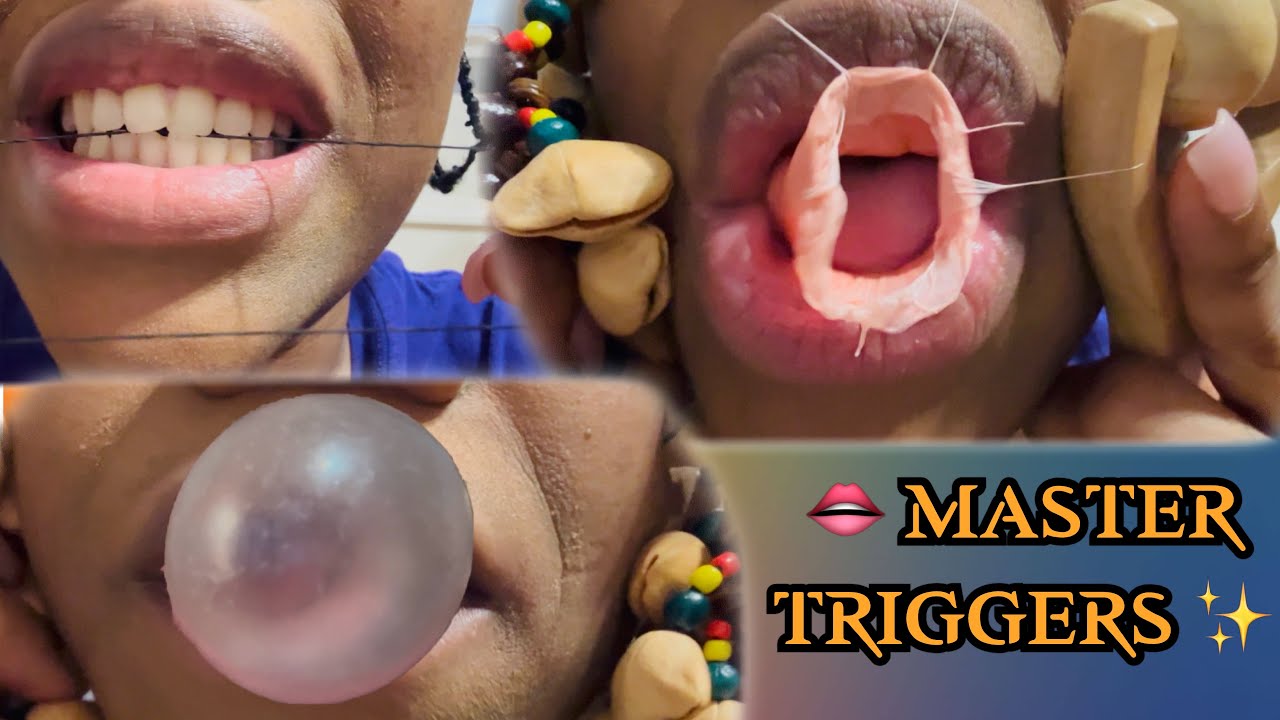 ASMR✨A girl W/ pretty pink lips chewing gum in your face + face massage W/ tools + rubberband biting