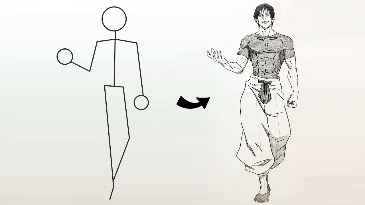 How to draw Toji Fushiguro full body out of stick man || Easy step-by-step || Jujutsu Kaisen