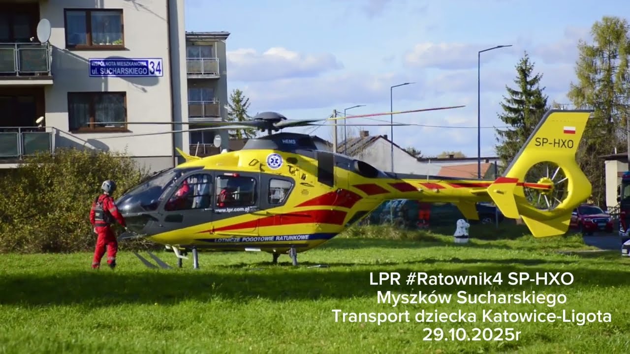 Śmigłowiec LPR Katowice #Ratownik4 Myszków ul.Sucharskiego Transport dziecka Katowice Ligota29.10.25