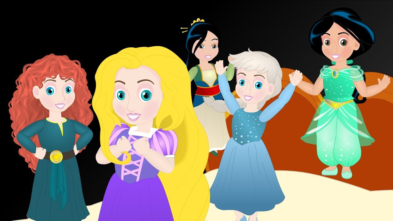 Five Little Princesses jumping on the bed with Disney Princess Elsa Rapunzel Merida Jasmine