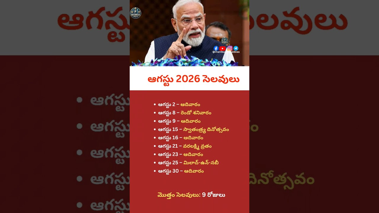 August 2026 Holidays in India | August Public Holidays & Sundays | Telugu