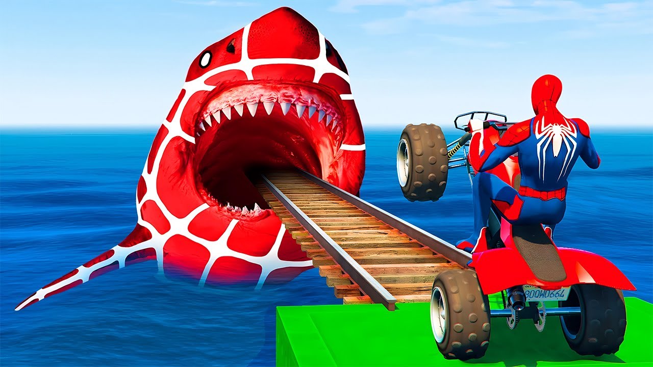 Spider-Man GTA 5 Rescue Mission! Giant Shark Rainbow Track Challenge