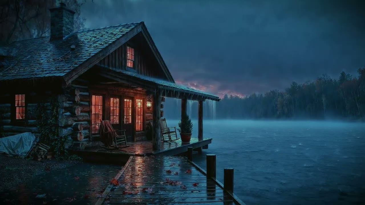 8 Hours Heavy Rain on a Cozy Lake Cabin (No Talking) For Deep Sleep