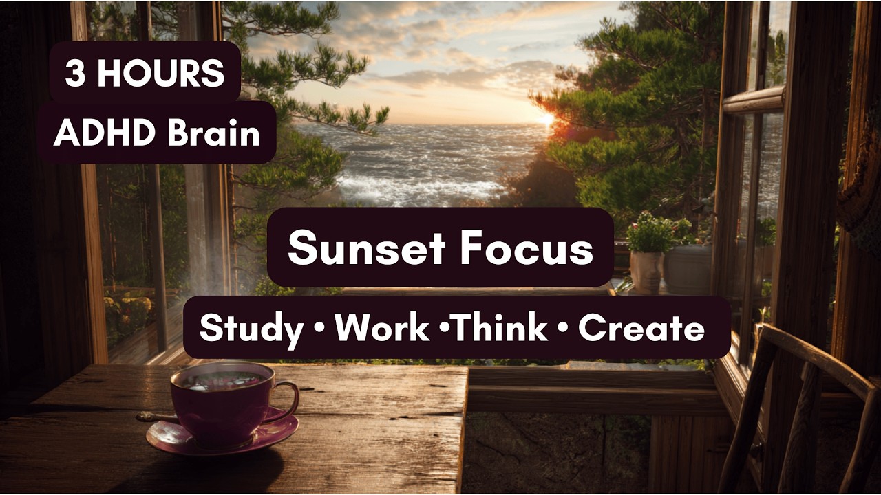 Coastal Cottage Sunset Focus - 3 Hours Ocean Waves & Pine Trees for ADHD Evening Work
