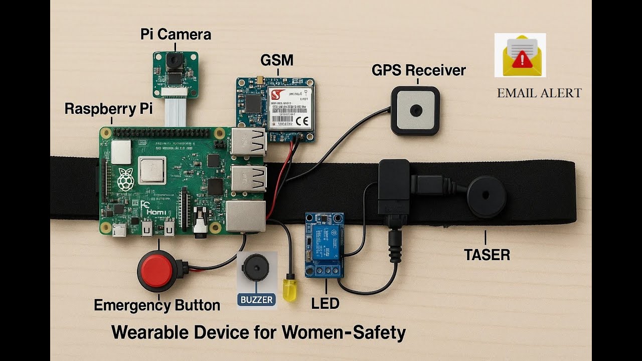 HVS-3652. Wearable Device for Women Safety using Raspberry pi with Photo Email. #gsm#gps #emailalert
