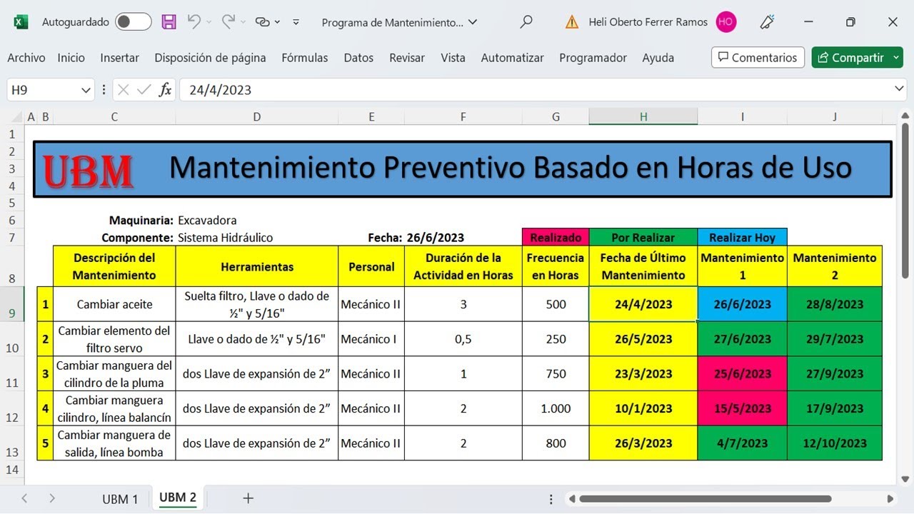 Elaboración de Plantilla Para Programas de Mantenimientos Basado en Horas de Uso con EXCEL .