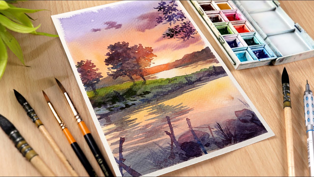 Watercolor Painting Demonstration #252 | Beautiful Sunset Landscape | Light and Shade Techniques