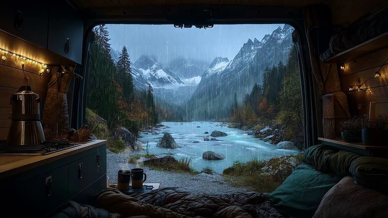 Ease Into Sleep with Tranquil Rain In Campervan with Mountain River 🚐 Relax with the Calming Rain