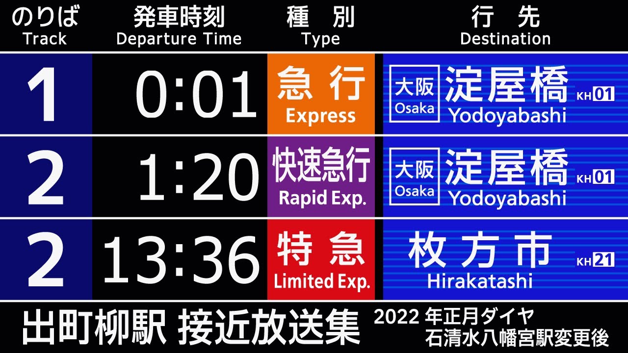【2022年正月】 京阪 出町柳駅 接近放送 （発車標再現） 終電 最終電車 急行 快速急行 など