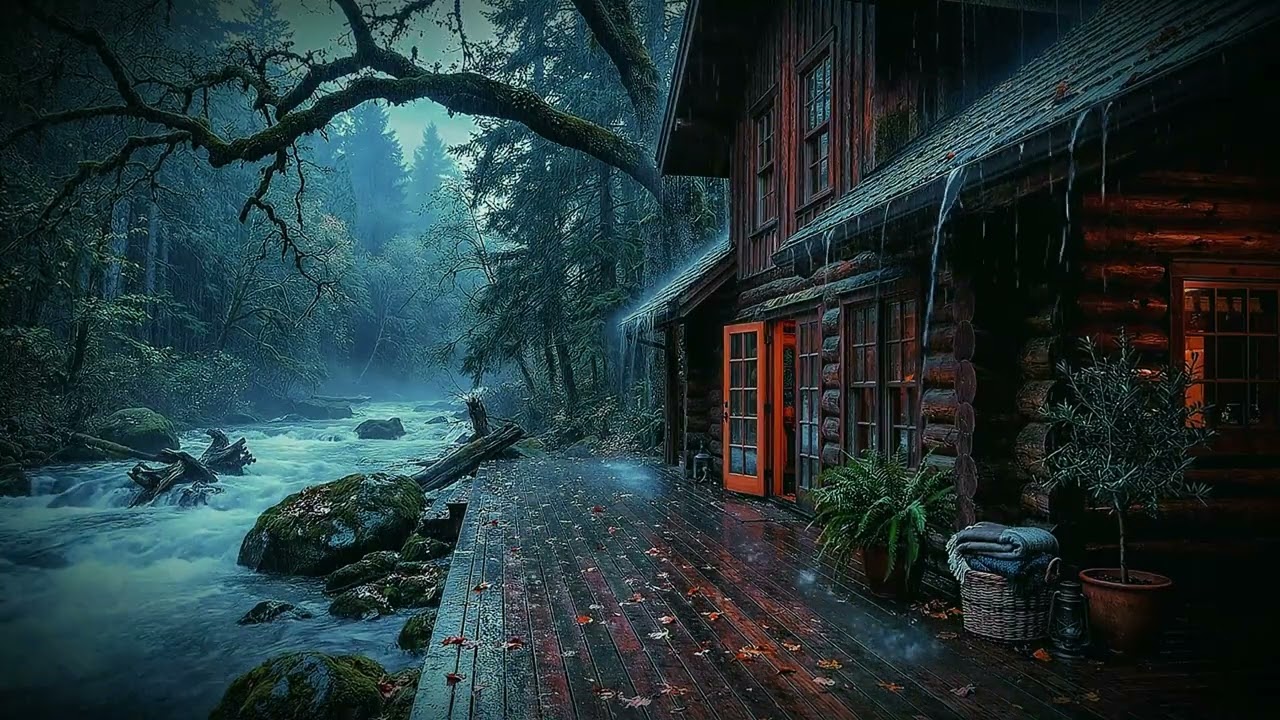 Heavy Rain at a Cozy Riverside Log Cabin (No Talking) | Fall Asleep in less 10 Minutes - 8 HOURS