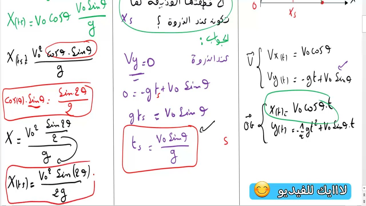 القذيفة 3 ثانوي برهان عبارة اقصى ارتفاع تبلغه القذيفة | تمرين شامل حركة القذيفة bac 2023