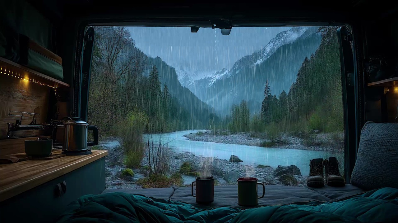 Enhance Your Sleep with Rain Inside Campervan with Mountain River 🚐  Find Peace and Quiet with Rain