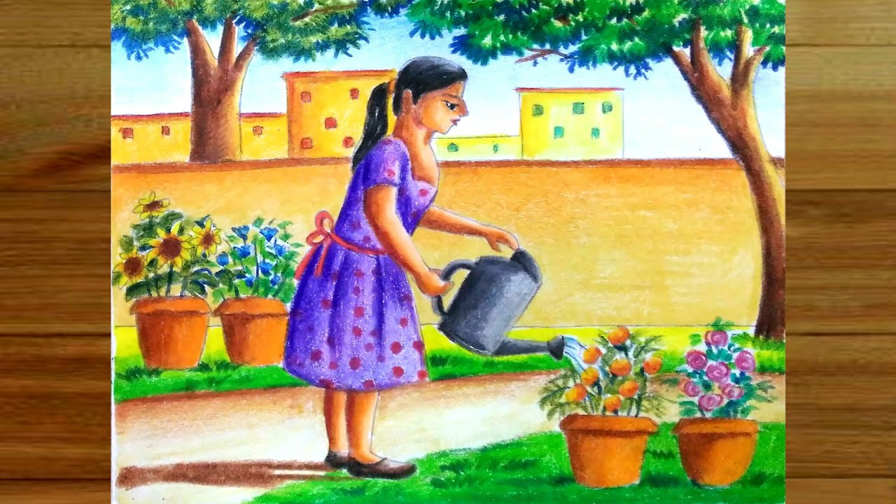 How to draw a girl watering flower plants step by step/Garden scenery drawing