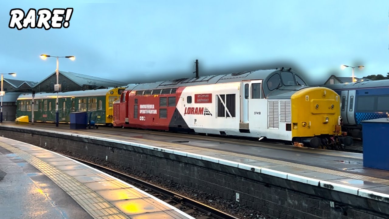 RARE Loram liveried class 37 with Caroline saloon visit Inverness!