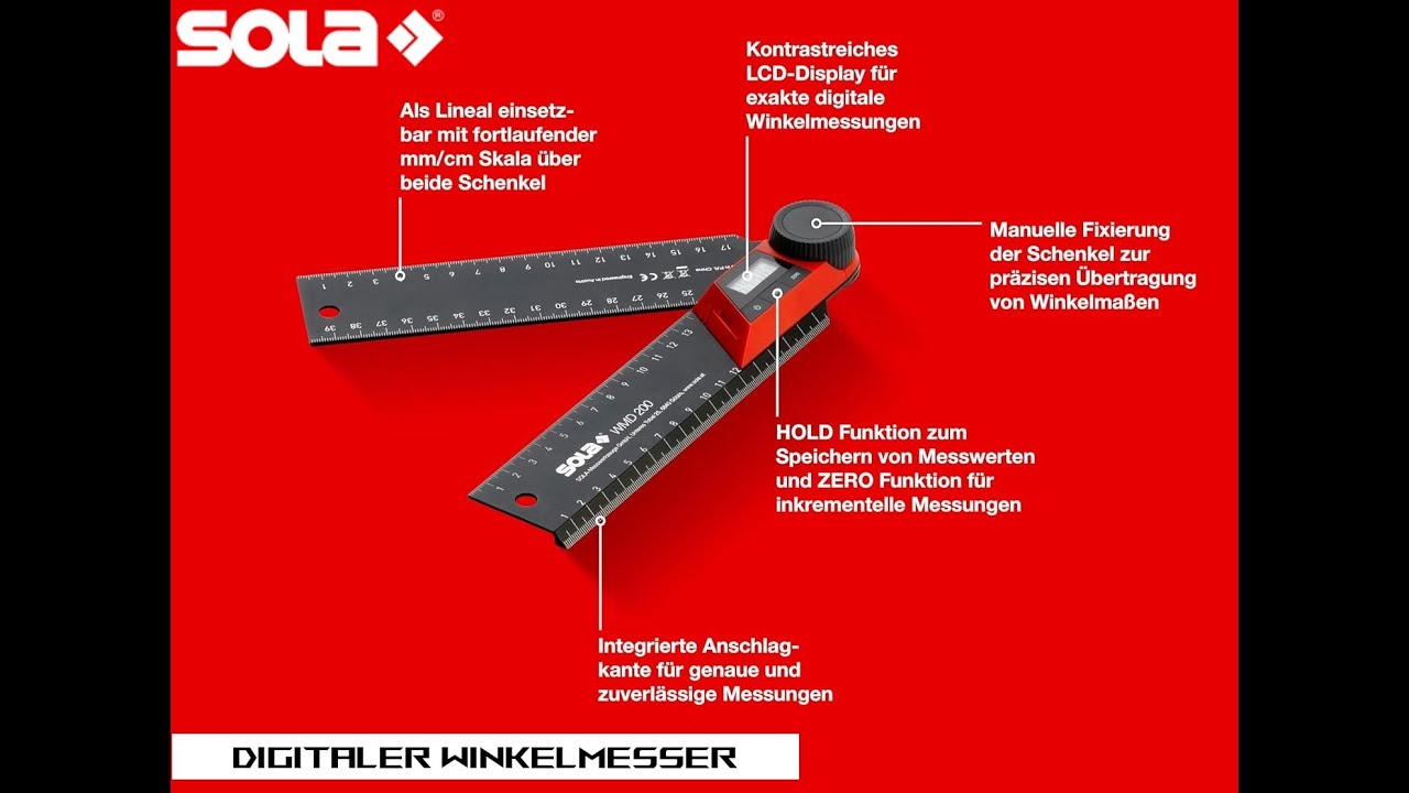 Handwerk | SOLA | Digitaler Winkelmesser 200-500 mm | mit Anschlagkante | Auch als Lineal einsetzbar