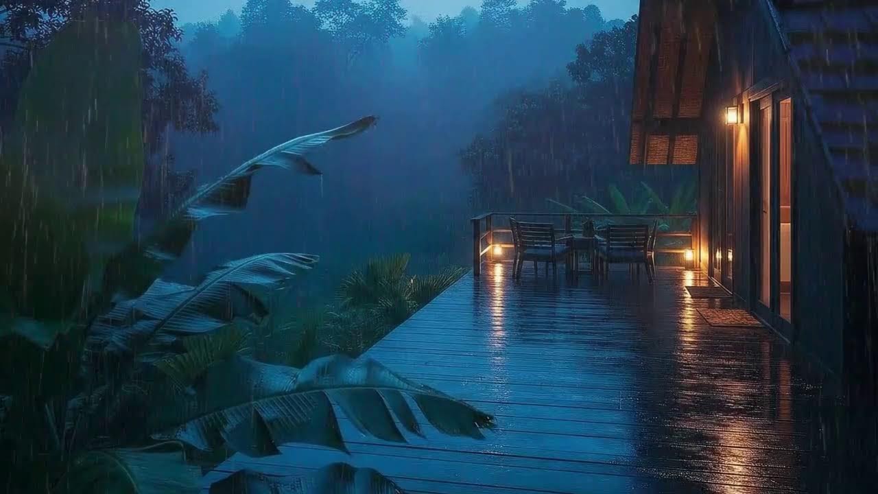 Deep Sleep Tonight with Gentle Rain and Low Thunder Murmur at Cabin Terrace 🌧️