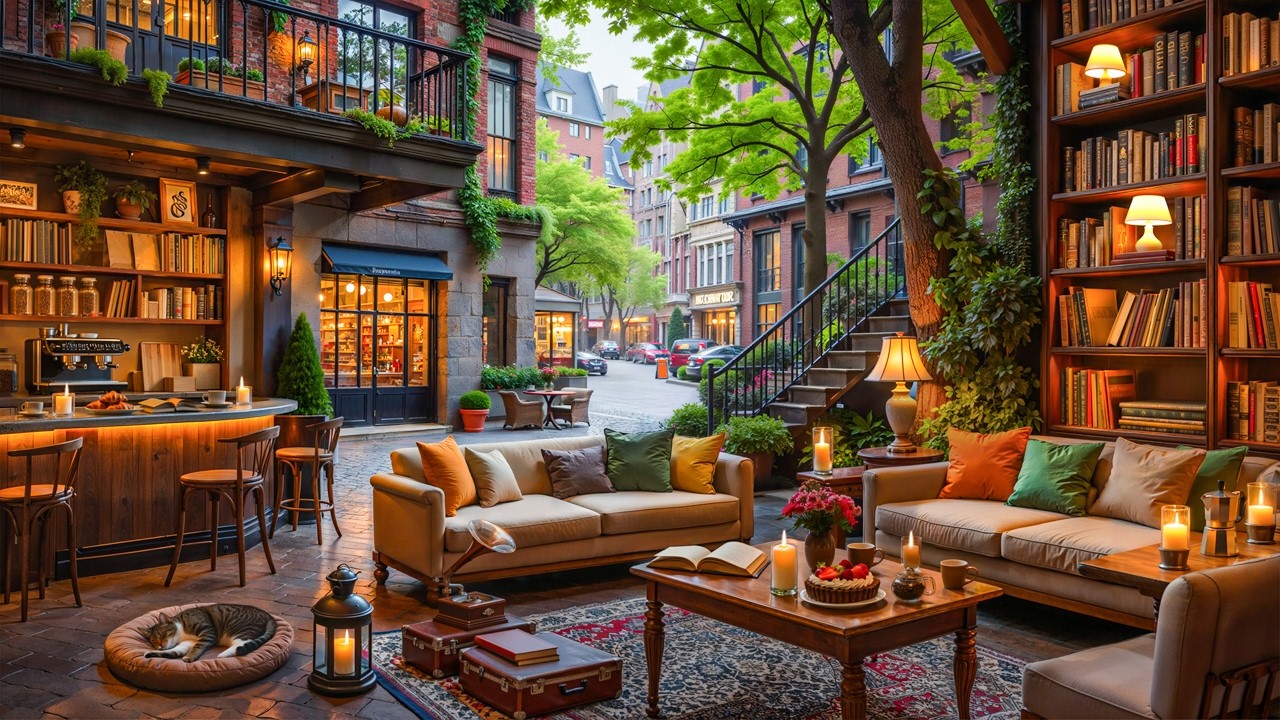 Gentle Jazz Piano at Peaceful Spring Bookstore Ambience ☕ Quiet Neighborhood Café  Sounds for Relax