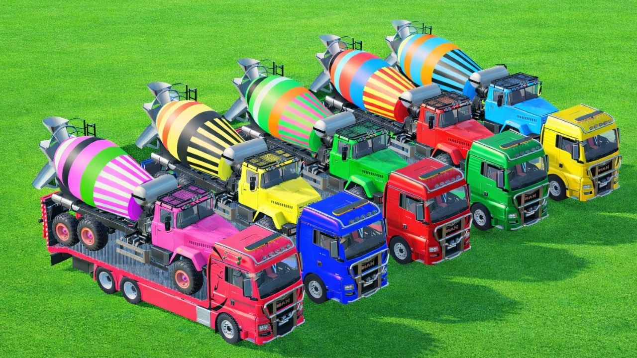 Garage with Colors - ALL MIXER TRUCK WITH DOUBLE FLATBED TRAILER TRUCK, SCANIA, KAMAZ, HINO