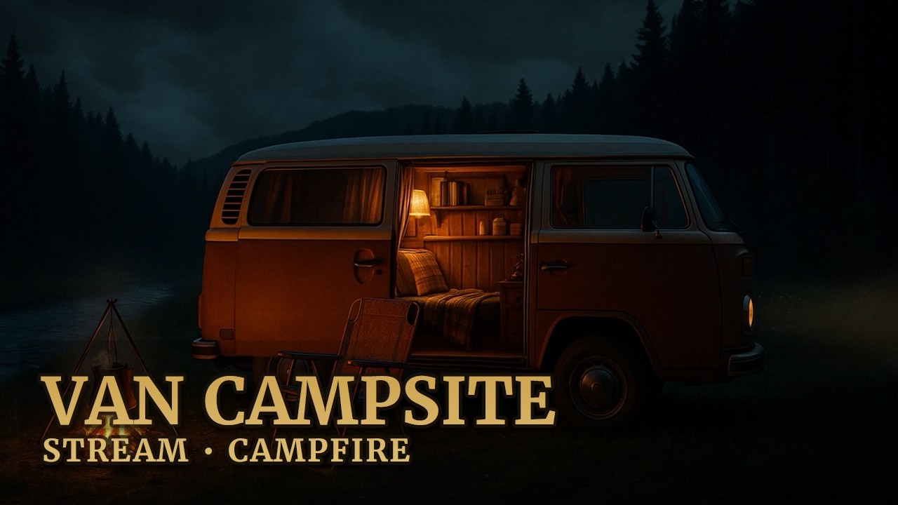 Cozy Van Camp Ambience | Summer Night with Crackling Campfire, Stream, & Distant Thunder | 8 hours