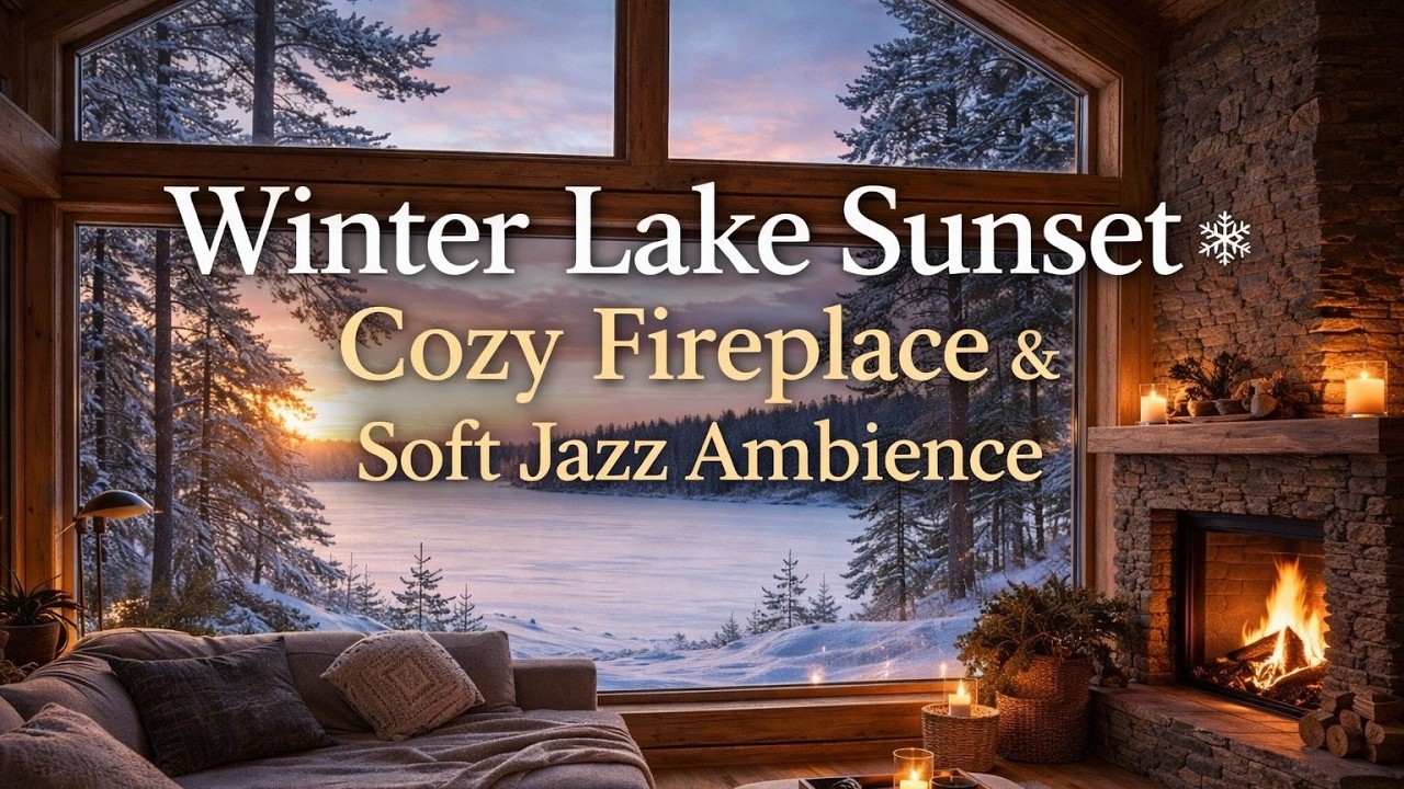 Winter Lake Sunset ❄️ Cozy Fireplace & Soft Jazz Ambience