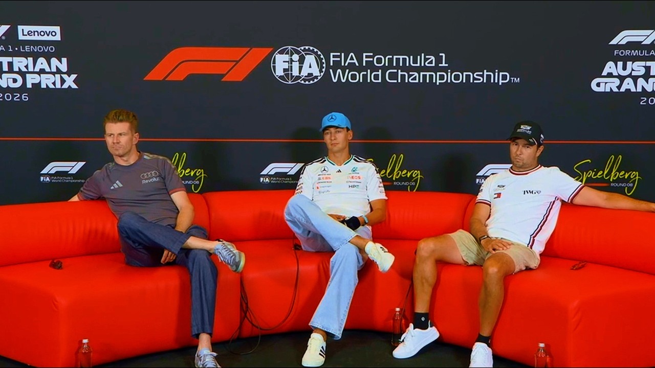 Checo P&eacute;rez, Nico Hulkenberg y George Russell en la Conferencia de Prensa | GP de Austria 2026 |