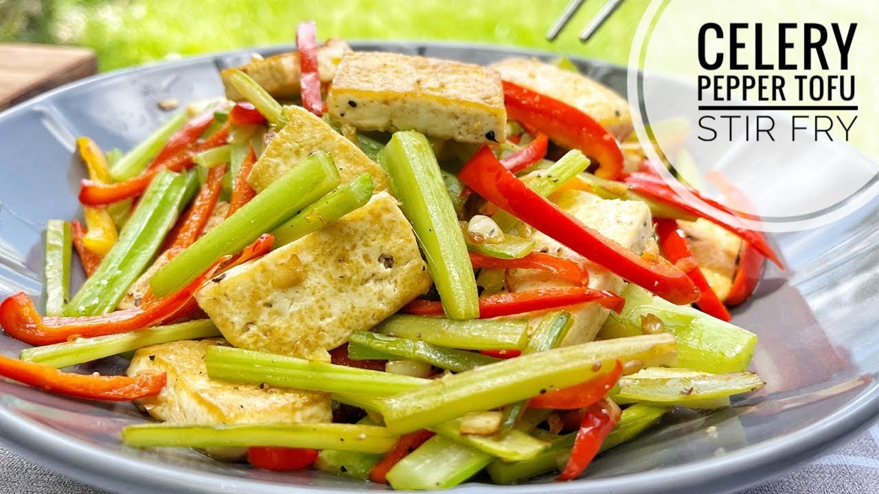 Celery Tofu Pepper stir fry,  healthy easy side dish, full with vitamins and protein. VEGETARIAN