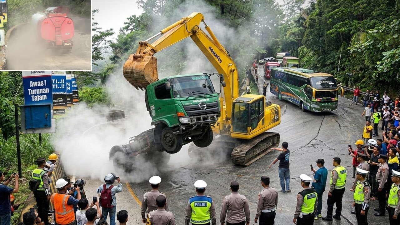 NGERI !!! DETIK-DETIK LEDAKAN KERAS DI SITINJAU LAUIK, Truk Trailer Terpaksa Diangkat Excavator