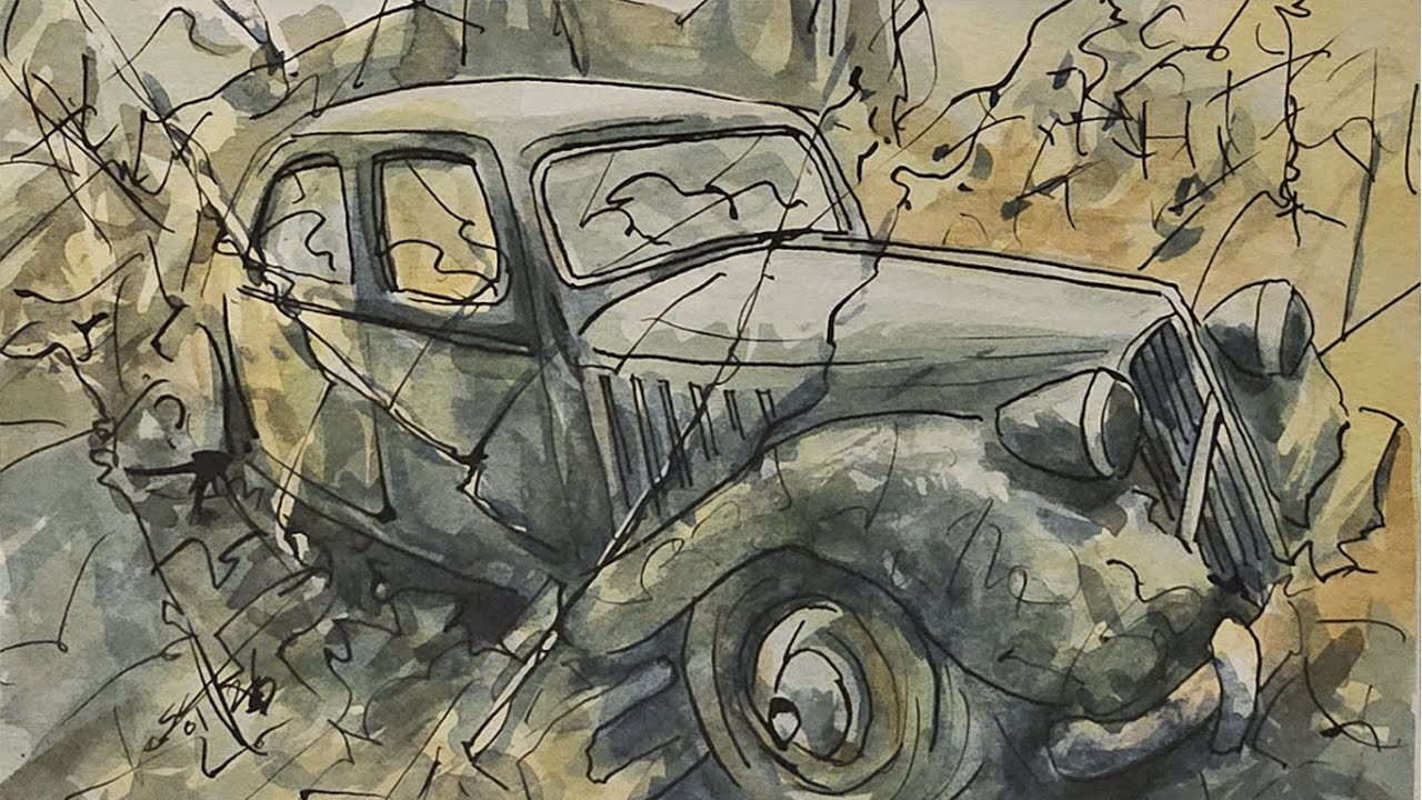 Aquarelle – Citroën Traction Avant abandonnée | Beauté rouillée d’une icône française