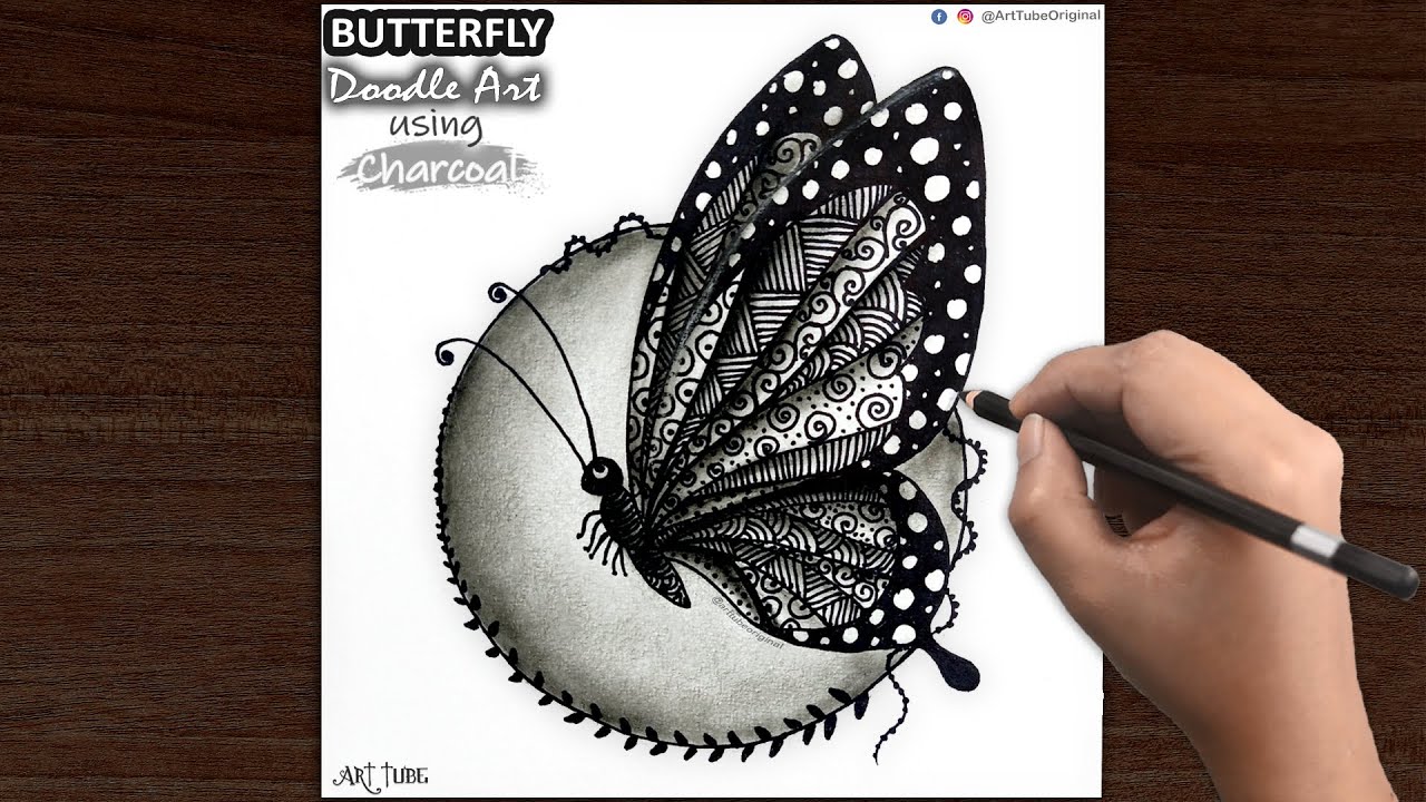 Butterfly Doodle Art | How to draw Butterfly using Charcoal Powder | Butterfly Drawing - ART Tube
