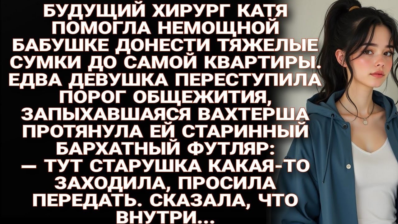 Катя помогла бабушке с сумками. В общаге вахтерша вручила ей бархатный футляр от старушки: 