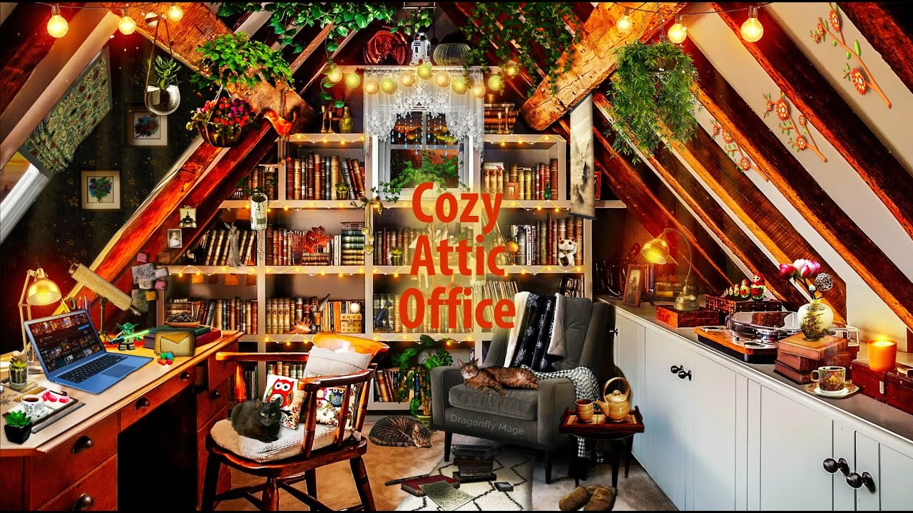 Cozy Attic Office ☔ ASMR Ambience (rain, purring, distant thunder, typing sounds) 💻