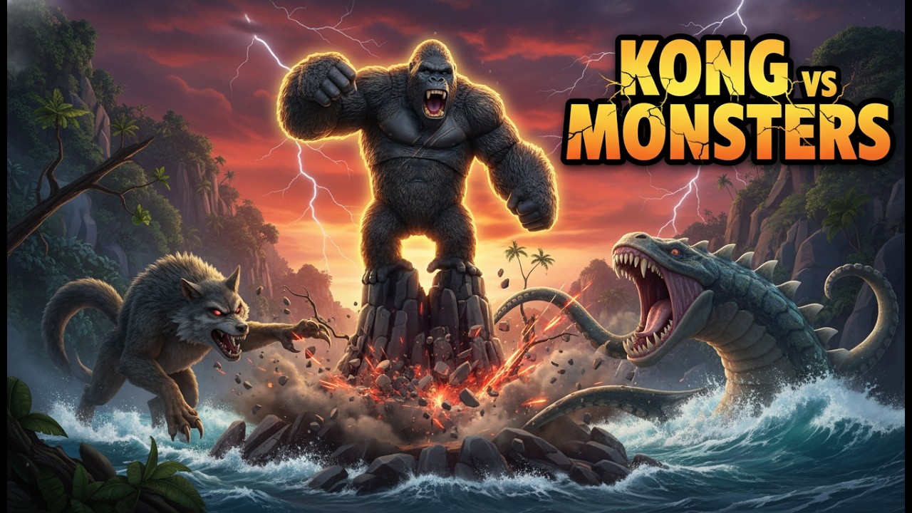 9 Minutes of Chaos: Kong vs Giant Wolf & Sea Monster – Skull Island Triple Monster Fight!