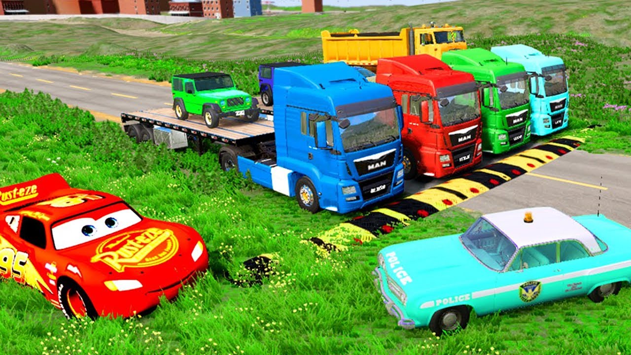 Quadruple Trucks Transporting cars with Flatbed Trailer! Speedbump vs Pothole | BeamNG.Drive #001