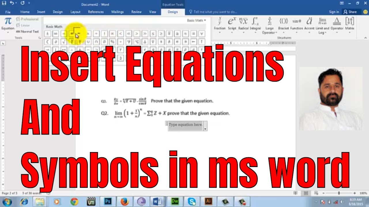 How to Insert Equation and Symbol in ms word 2016