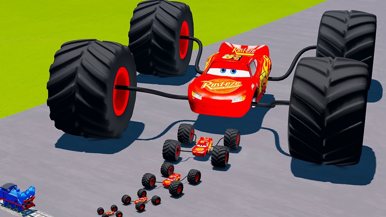 Big & Small Monster Truck Spider Lightning McQueen vs Huggy Wuggy The Tank Engine Train BeamNG.Drive
