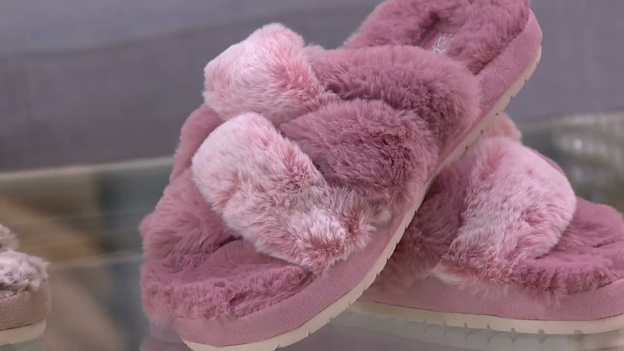 Skechers Faux Fur Cross Strap Slippers - Cozy Slide on QVC