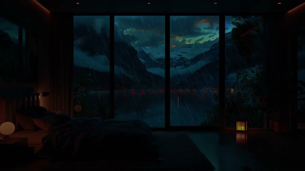 Dormitorio acogedor con luces cálidas y lluvia suave | Sonido relajante | 1 hora